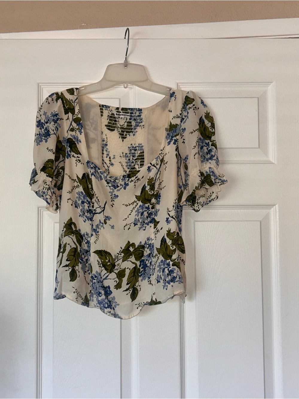Reformation Cream Floral Scoop-Neck Blouse with Blue and Olive Green Print